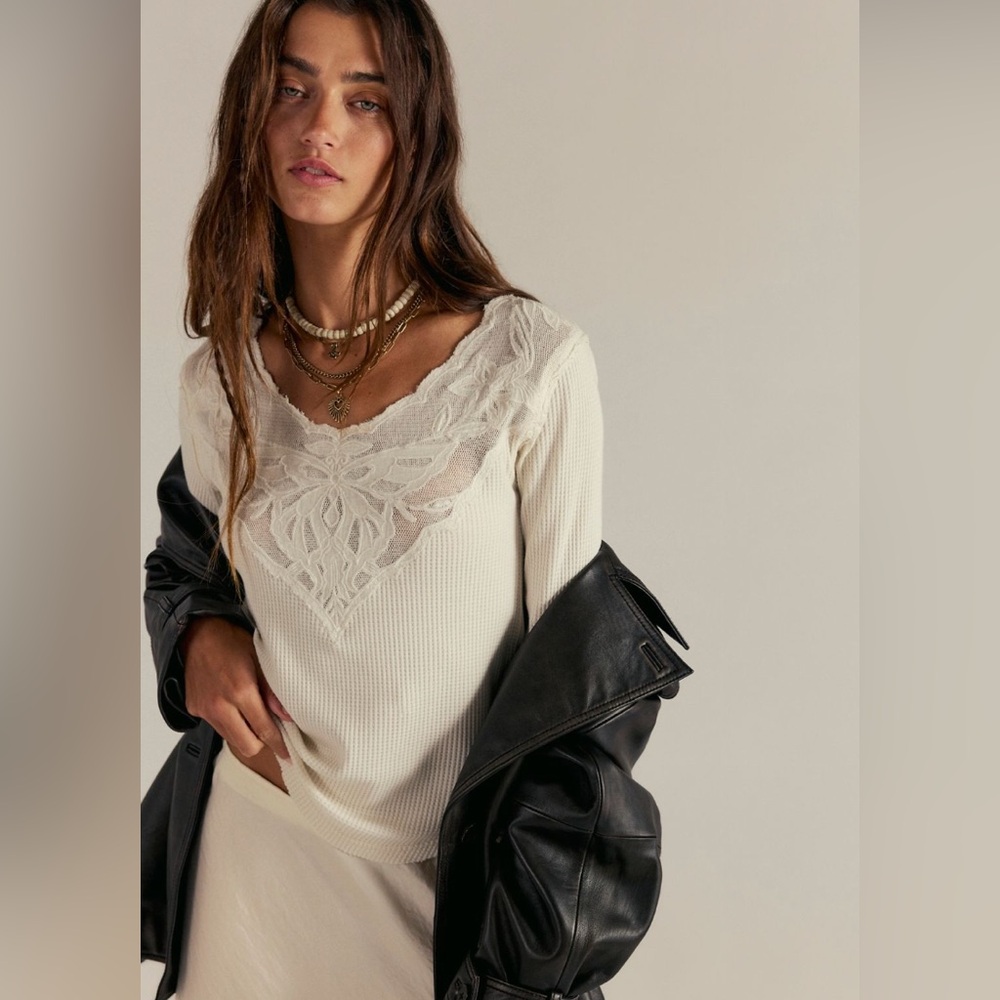 Free People Cream Lace Long Sleeve Top